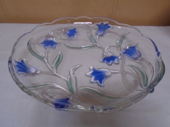 Mikasa Round Raised Edge Blue Bell Tulips Glass Serving Tray