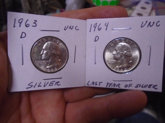 1963 D-Mint snd 1964 D-Mint Silver Washington Quarters