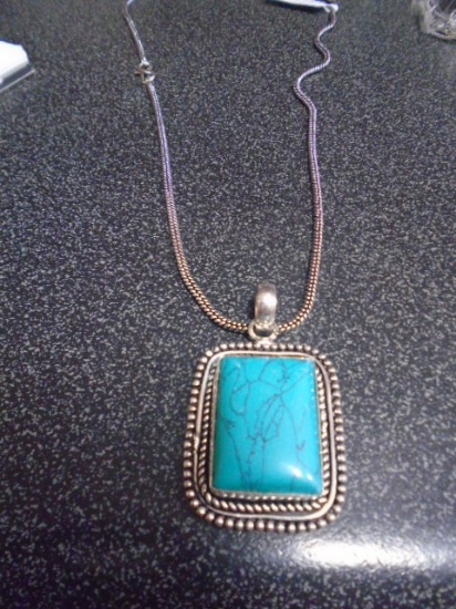 German Silver and Turquoise Sy. Pendant and Chain