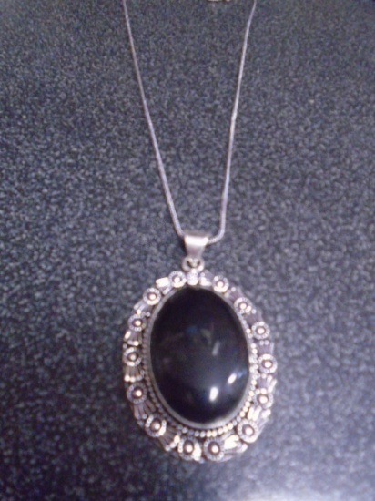 German Silver and Black Onyx Pendant and Chain