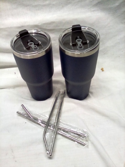 Pair of Insulated 32 Oz Blue Stainless Steel Travel Tumblers with straws