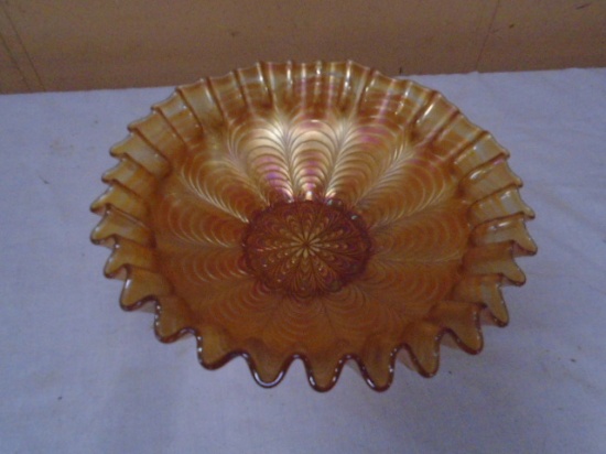 Fenton Marigold Carnival Glass Peacock Tail Ruffled Bowl