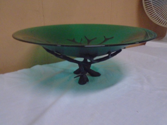 Large Green Art Glass Bowl on Metal Tree Stand w/ Dragonfly