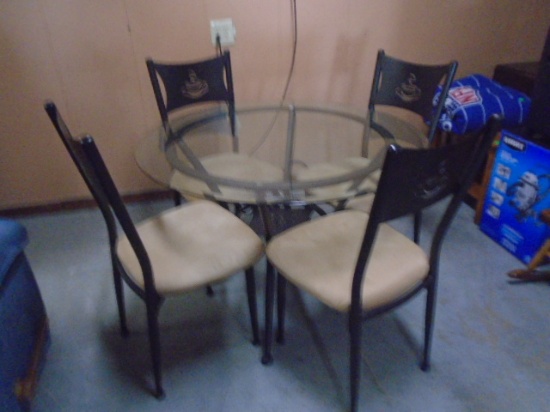 Round Metal Beveled Glass Top Bistro Dining Table & 4 Chairs w/ Coffee Cup Cutouts