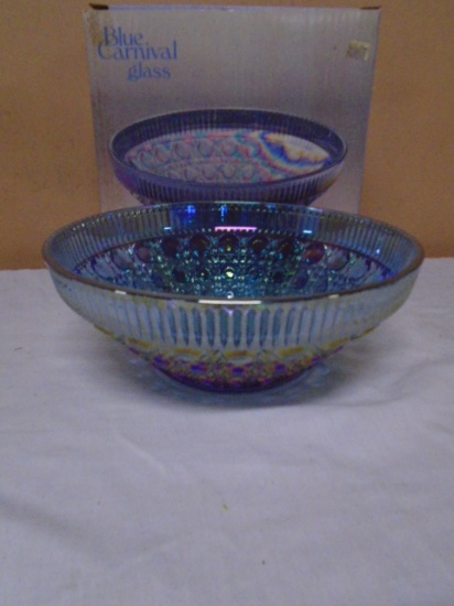 Vintage Indiana Glass Blue Iridescent Carnival Glass Windsor Pattern Pattern Bowl