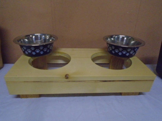 Stainless Steel Pet Bowl Set in Wooden Holder