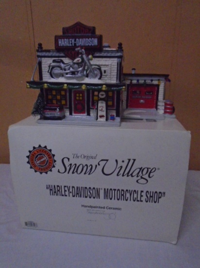 Department 56 Hand Painted Lighted Ceramic Harley Davidson Motorcycle Shop