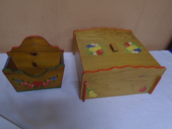 Vintage Wood Painted Box w/ Lid & Vintage Wooden Painted Wall Pocket