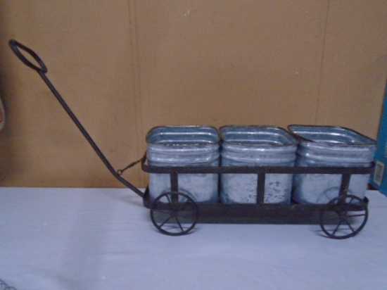 Decorative Metal Wagon w/ 3 Galvinized Metal Containers