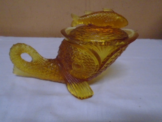 Vintage Green Town Glass Amber Glass Fish Candy Dish