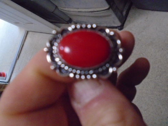 Ladies German Silver and Red Coral Ring