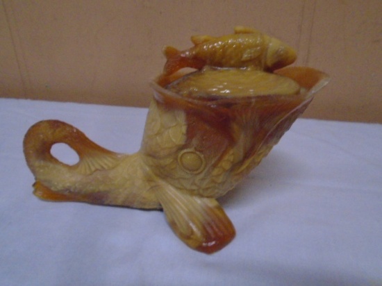 Green Town Glass Carmel Slag Covered Fish Candy Dish