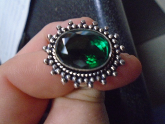 Ladies German Silver and Green Emerald Ring