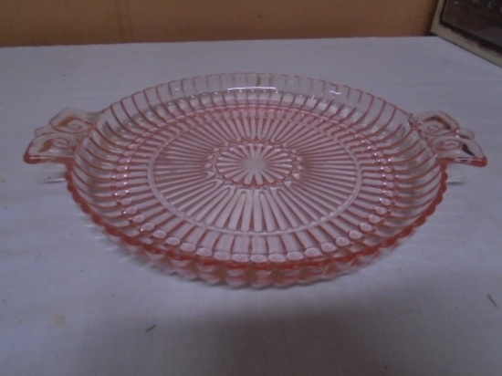 Beautiful Double Handled Pink Depression Glass Desert Plate
