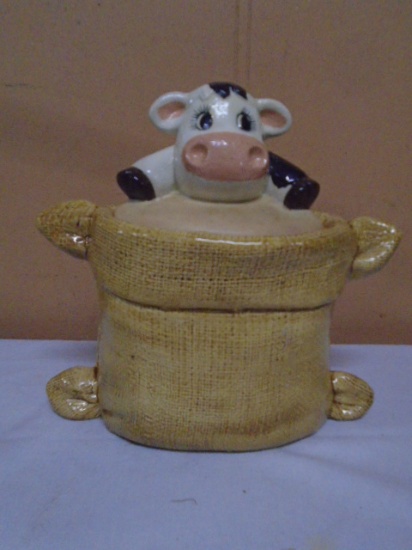 Cow On Feed Sack Ceramic Cookie Jar