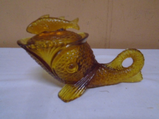 Vintage Green Town Glass Amber Glass Fish Candy Dish