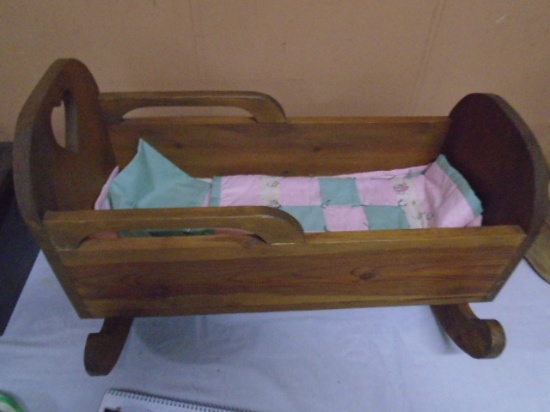 Wooden Doll Cradle w/ Doll Quilt