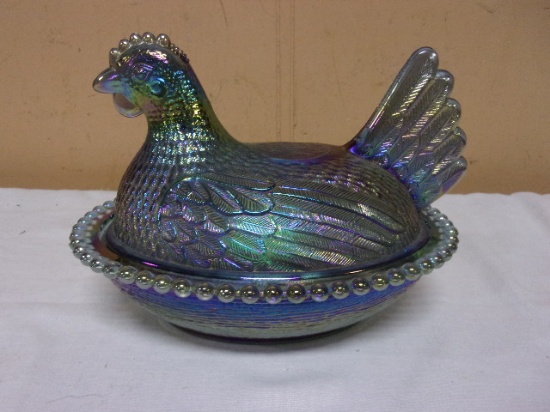 Vintage Indiana Glass Blue Iradescent Hen on Nest