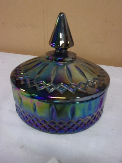 Vintage Indiana Glass Blue Iradescent Covered Candy Dish