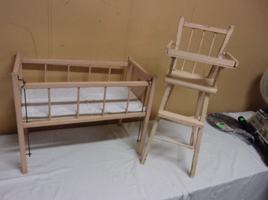 Vintage Wooden Doll Bed & High Chair
