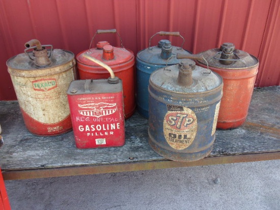 Group of 6 Vintage 2&5 Gallon Metal Cans