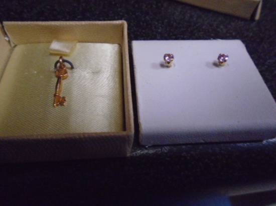 Ladies 14 KT Earrings and Gold Key Charm