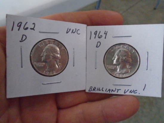 1962 D & 1964 D Mint Silver Washington Quarters