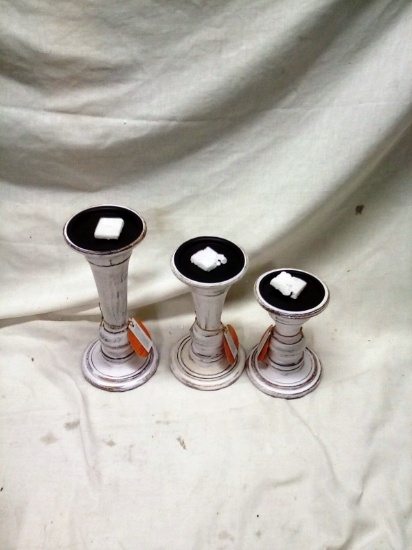 Set of 3 White Wood Candle Stands