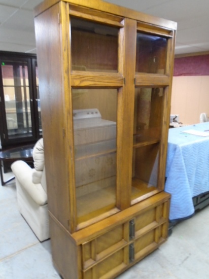 Lighted Oak Glass Front Display Cabinet w/2 Drawers on Bottom