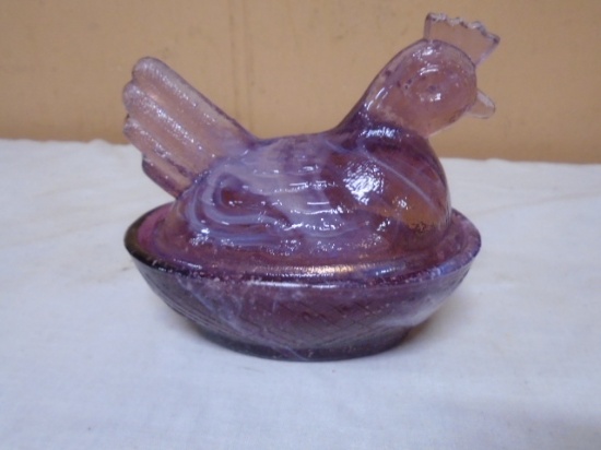 Vintage Purple & White Slag Glass Hen on Nest