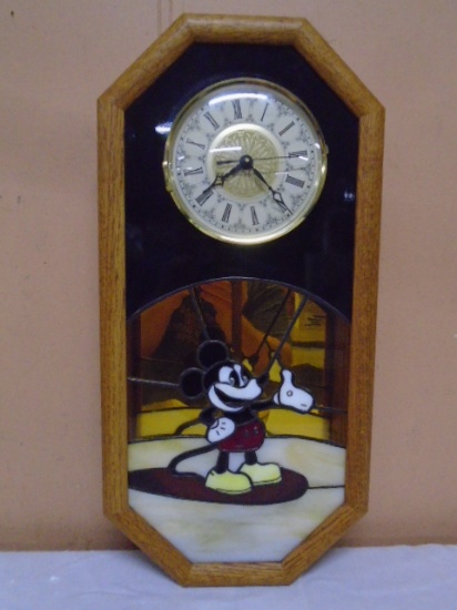 Leaded Glass Mickey Mouse Oak Case Wall Clock