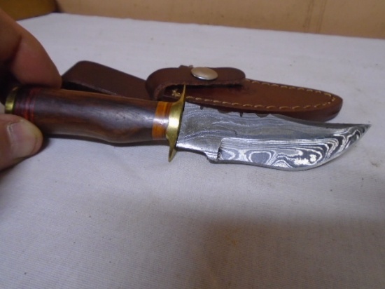 Custom Handmade Damascus Blade Knife w/ Tooled Leather Sheave