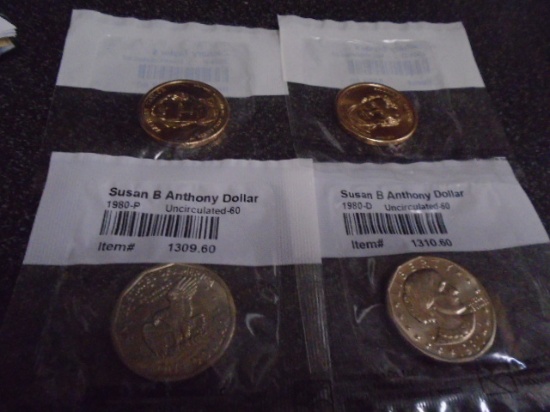 1980 P and D Mint Susan Banthony Dollar Coins and 2009 P and D Zachary Taylor Dollar Coins