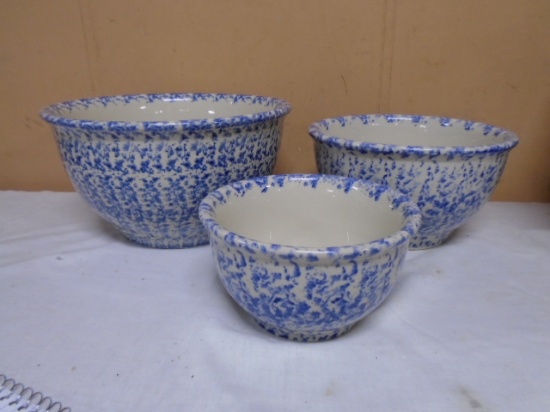 3pc Stoneware Blue Spongeware Nesting Bowl Set