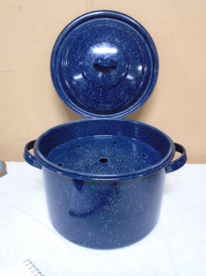 Large Blue Speckled Graniteware Stockpot w/ Lid & Steamer Basket