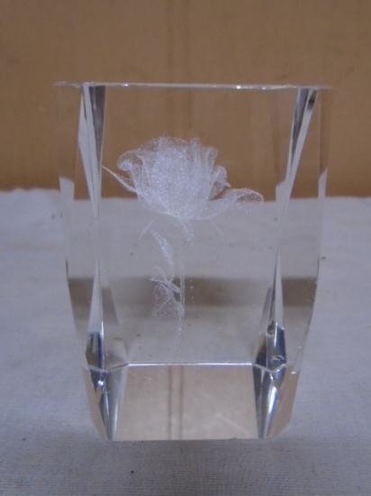 Lazer Etched Glass Paperweight w/ Rose