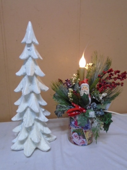 Flocked Tree & Lighted Vintage Santa Table Arrangement