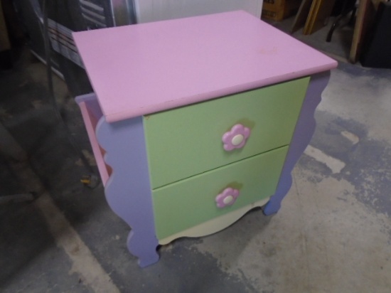 Painted 2 Drawer Night Stand w/ Book Holders on Each Side