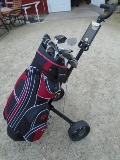 Set of Ping Irons in Golf Bag w/Taylor Made Driver on Pull Cart