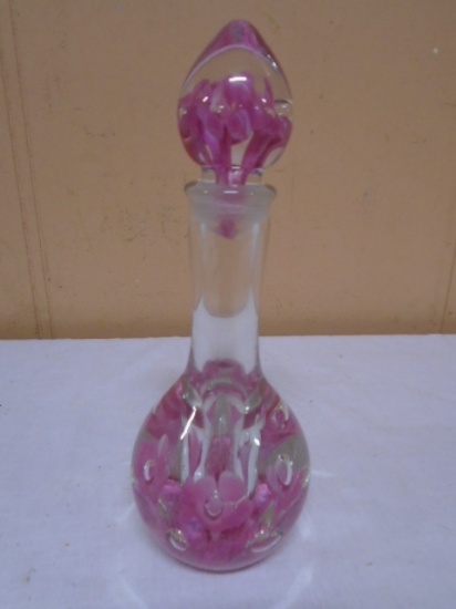 St. Clair Art Glass Perfume Bottle & Stopper w/ Pink Flowers & Bubbles