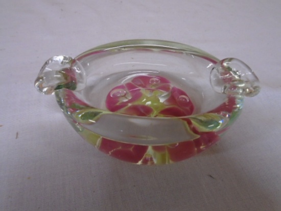 St. Clair Art Glass Ashtray Paperweight w/ Pink Flowers & Bubbles