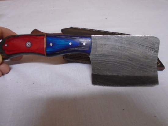 Custom Handmade Damascus Blade Cleaver Knife w/Leather Sheath