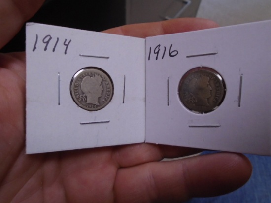 1914 and 1916 Silver Barber Dimes
