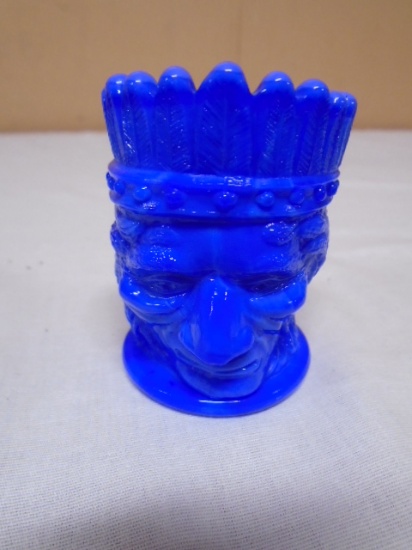 Blue Art Glass Indian Chief Toothpick Holder