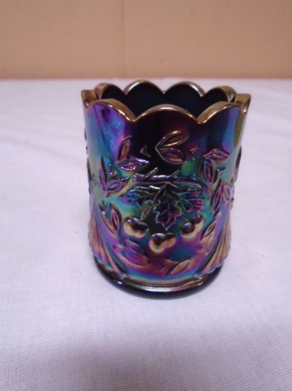 St. Clair Blue Wreathed Cherry Carnival Glass Toothpick Holder