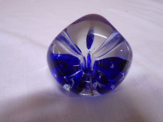 Blue Flower and Bubble Art Glass Paperweight