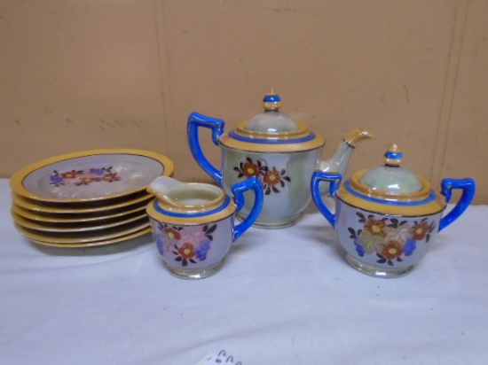 Vintage Hand Painted Japan Teapot w/ Creamer & Sugar & 6 Plates