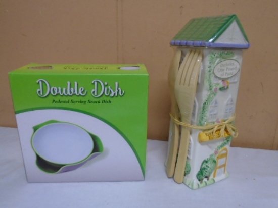 Double Dish Snack Dish & Pasta House w/ Wood Spoon & Fork