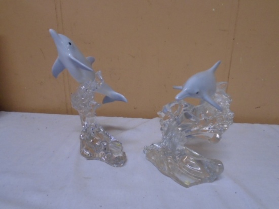 2 Lenox Glass Base Dolphin Figurines