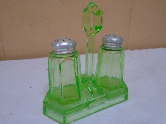 Green Depression Glass Salt & Pepper in Original Glass Holder